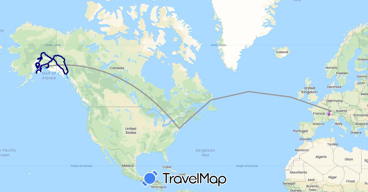 TravelMap itinerary: driving, plane, train, hiking, boat in Canada, Switzerland, United States (Europe, North America)